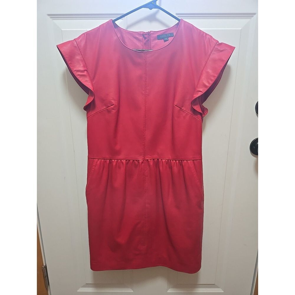 Rachel Zoe Red Lamb Leather Dress Women's 6 Cap Ruffle Sleeves Zip Back‎ Lined